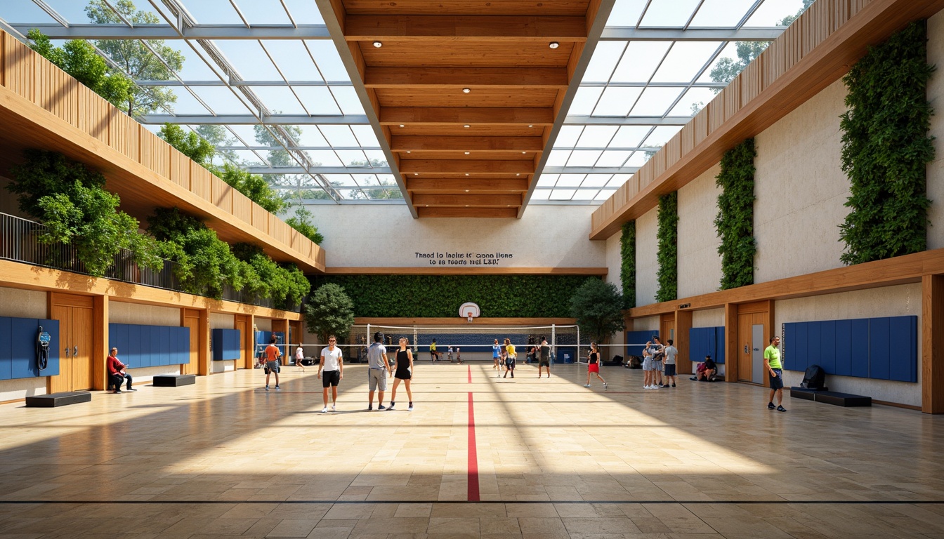 Prompt: Spacious gymnasium interior, high ceilings, clerestory windows, skylights, transparent roof, natural stone flooring, wooden accents, athletic equipment, basketball hoops, volleyball nets, exercise machines, mirrored walls, motivational quotes, bright color scheme, abundant greenery, living walls, vertical gardens, soft warm lighting, shallow depth of field, 1/1 composition, realistic textures, ambient occlusion.