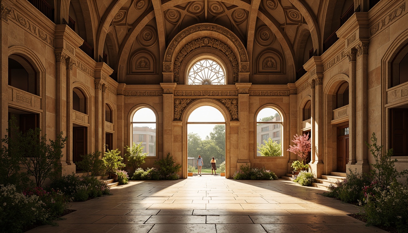 Prompt: Grandiose entrance, ancient Romanesque architecture, ornate stone carvings, majestic archways, imposing columns, intricate mosaics, warm golden lighting, shallow depth of field, 1/1 composition, symmetrical framing, dramatic shadows, rustic stone walls, lush greenery, blooming flowers, sunny day, soft warm atmosphere, ambient occlusion.