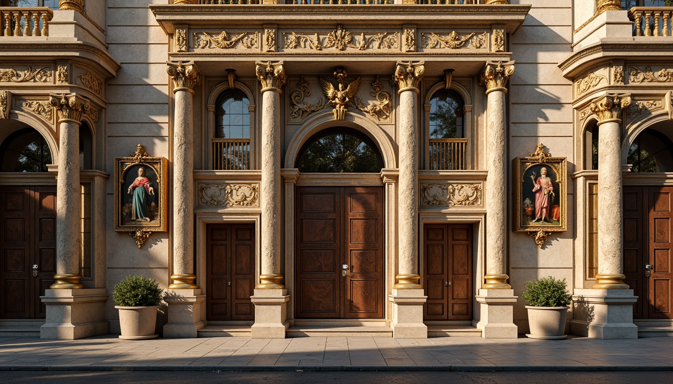 Prompt: Ornate church facade, intricately carved stone walls, gilded details, ornamental columns, grand entranceways, rusticated quoins, weathered limestone, aged bronze doors, stained glass windows, vibrant frescoes, decorative pediments, sculpted saints, lavish ornamentation, warm golden lighting, dramatic shadows, high contrast ratio, 1/2 composition, symmetrical framing, realistic normal maps.