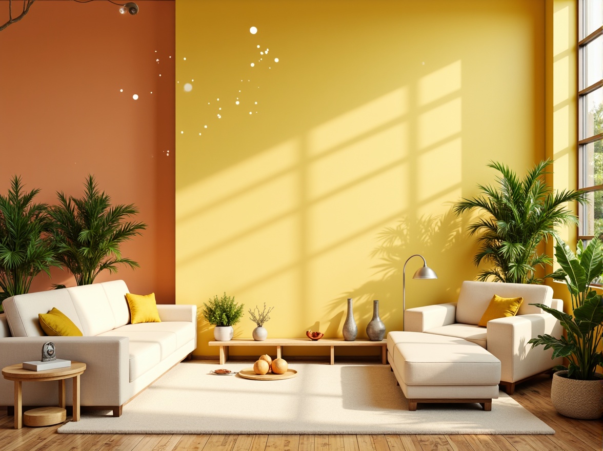 Prompt: Vibrant yellow walls, soft peach accents, creamy white furniture, lush green plants, natural wood textures, warm golden lighting, airy open spaces, playful polka dot patterns, whimsical illustrations, cheerful citrus hues, sunny day ambiance, shallow depth of field, 1/1 composition, realistic renderings, ambient occlusion.