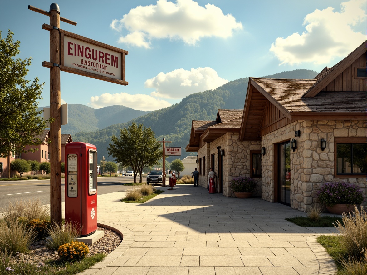 Prompt: Rustic gas station, regionalism style, earthy tones, natural stone walls, wooden accents, sloping roofs, vintage petrol pumps, retro-style signage, rural landscape, rolling hills, scattered trees, sunny afternoon, warm soft lighting, shallow depth of field, 1/2 composition, symmetrical framing, realistic textures, ambient occlusion.