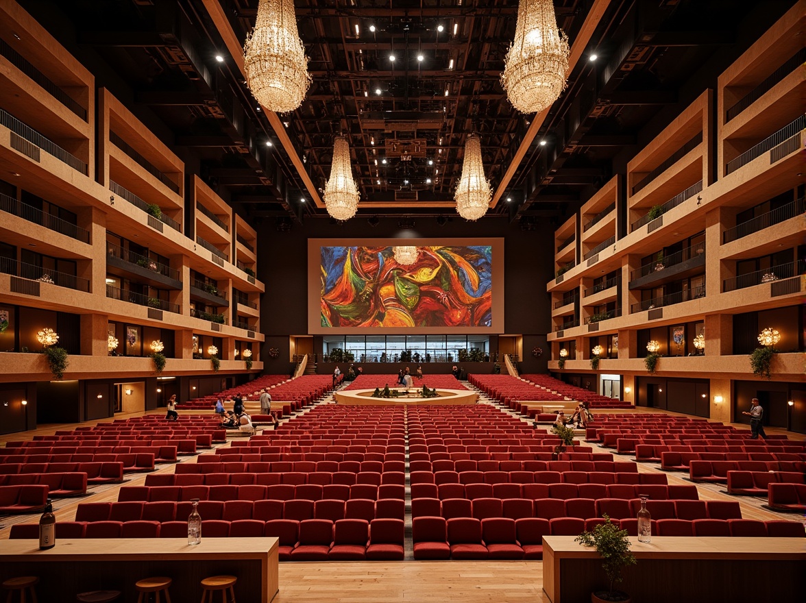 Prompt: Grand concert hall, ornate chandeliers, plush red velvet seats, polished wooden floors, acoustic panels, state-of-the-art sound systems, dramatic stage lighting, sweeping balconies, elegant staircases, luxurious VIP lounges, modern art installations, vibrant colorful textiles, intricate geometric patterns, soft warm ambiance, shallow depth of field, 1/1 composition, realistic textures, ambient occlusion.