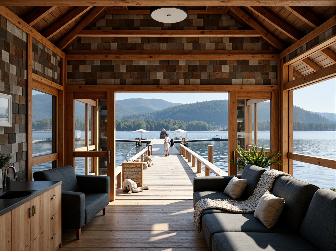 Prompt: Rustic boathouse, wooden dock, serene lake views, nautical-themed decorations, weathered wood shingles, corrugated metal roofing, asphalt shingle alternatives, solar panel integration, green roof systems, living roofs, sedum plant coverage, natural stone chimneys, cedar shake siding, wooden beam ceilings, exposed rafters, warm cozy lighting, shallow depth of field, 1/1 composition, realistic textures, ambient occlusion.