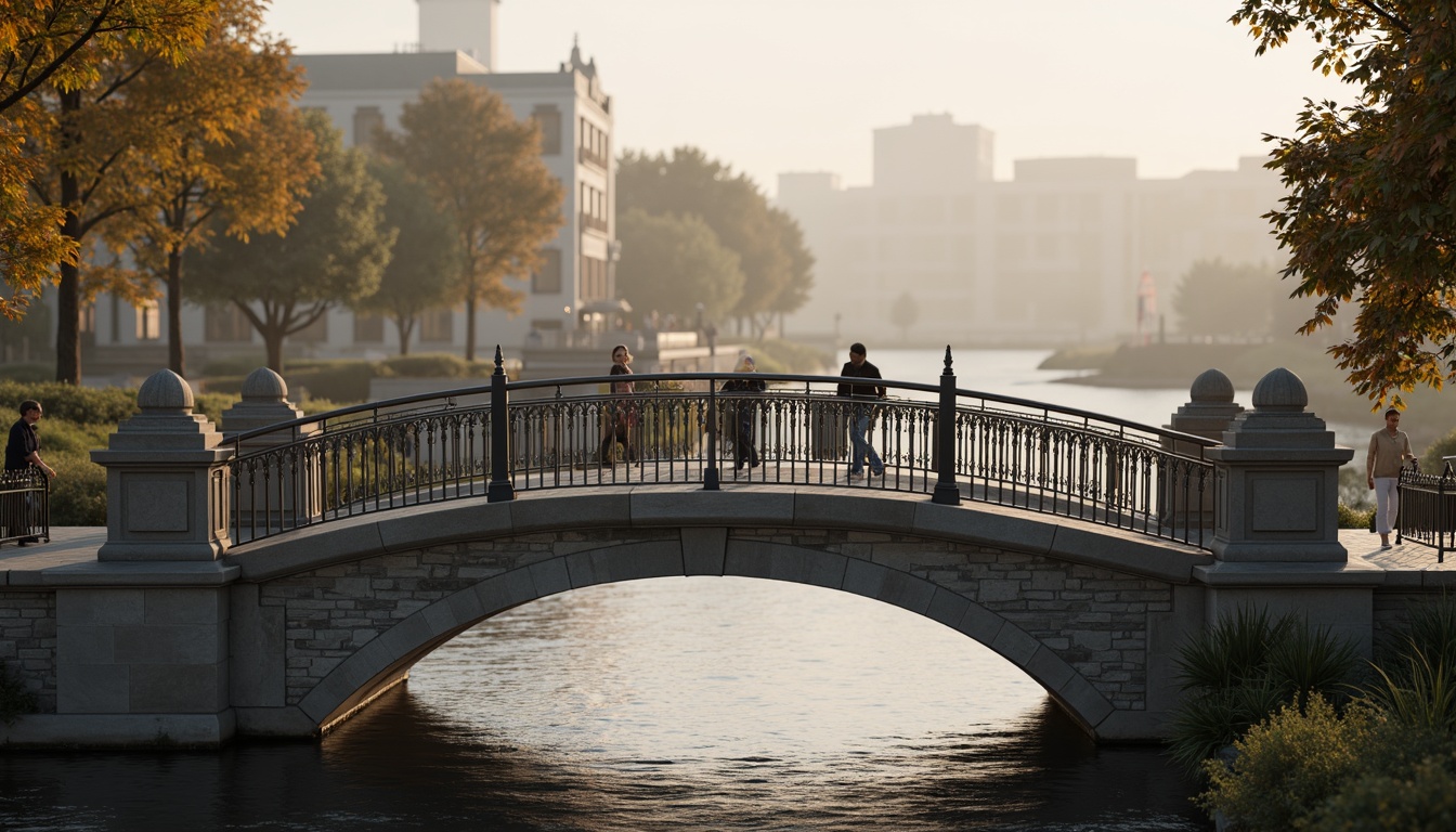 Prompt: Elegant bridge balustrades, ornate metal railings, curved stone arches, refined urban landscape, serene water reflections, misty morning atmosphere, soft warm lighting, shallow depth of field, 1/2 composition, symmetrical view, realistic textures, ambient occlusion, intricate stonework, subtle color palette, luxurious materials, sophisticated architectural details.