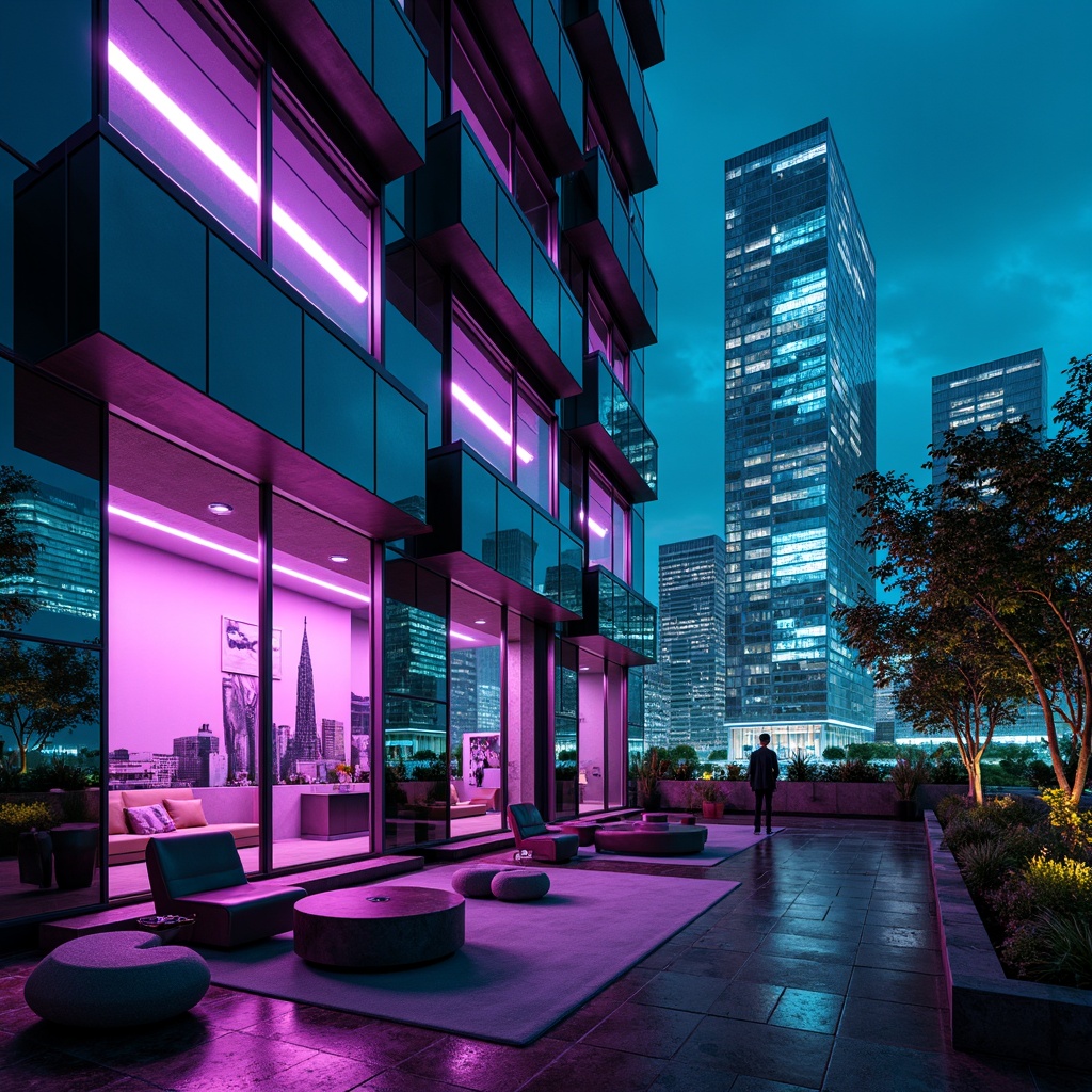 Prompt: Futuristic apartment complex, neon-lit cityscape, sleek metallic fa\u00e7ade, iridescent glass windows, holographic advertisements, LED strip lighting, cyberpunk-inspired color scheme, deep blues and purples, neon greens and pinks, chrome accents, minimalist interior design, futuristic furniture, ambient glow, soft focus, shallow depth of field, 1/1 composition, cinematic lighting, realistic reflections, advanced smart home technology.