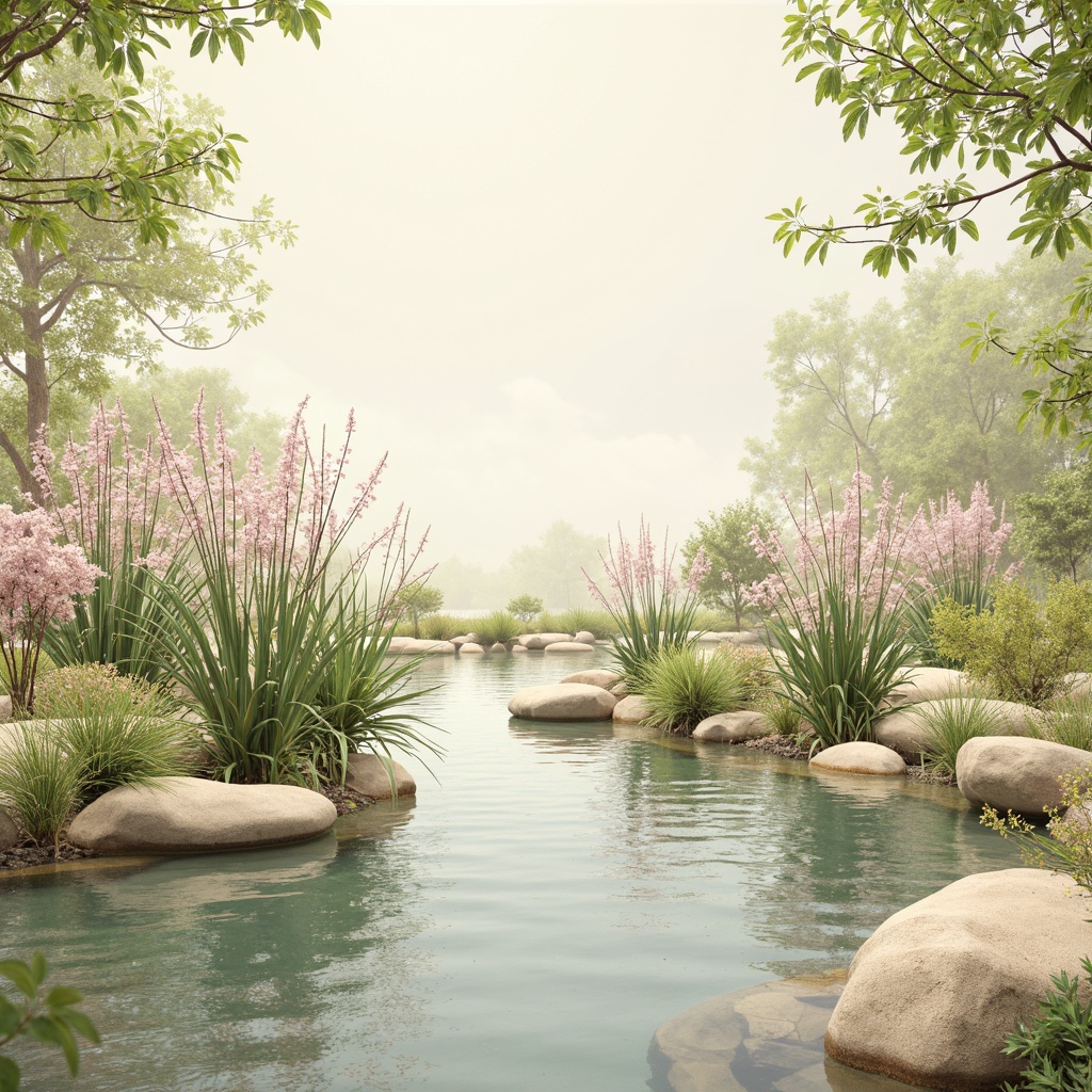 Prompt: Soft pastel hues, calming atmosphere, serene natural surroundings, gentle water features, lush greenery, vibrant flowers, warm beige tones, creamy whites, soft peach accents, subtle golden highlights, delicate lace patterns, intricate botanical illustrations, whimsical hand-drawn elements, dreamy ethereal lighting, shallow depth of field, 1/1 composition, realistic textures, ambient occlusion.