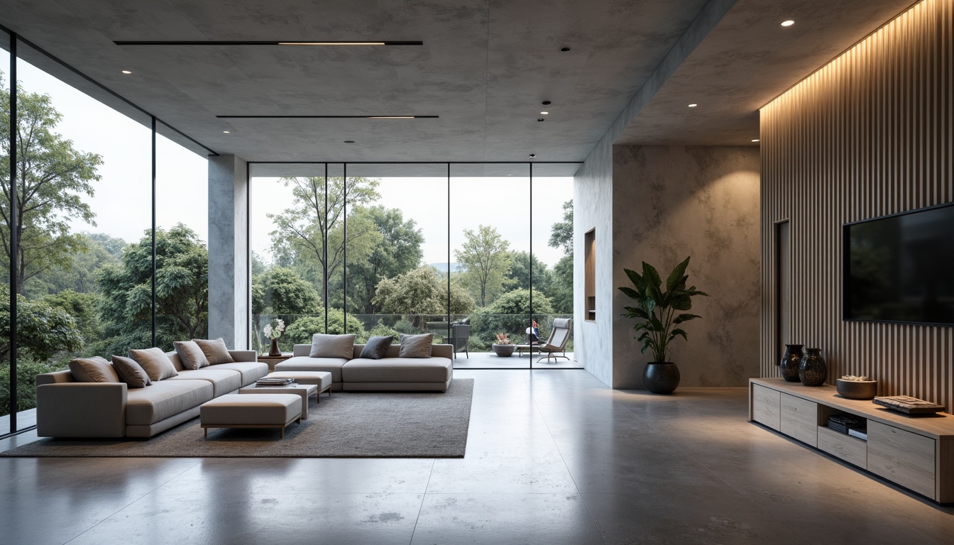 Prompt: Minimalist interior, open-plan living space, sleek lines, monochromatic color scheme, polished concrete floors, floor-to-ceiling windows, sliding glass doors, modular furniture, geometric shapes, hidden storage compartments, ambient lighting, soft shadows, 1/1 composition, shallow depth of field, realistic textures, subtle reflections.