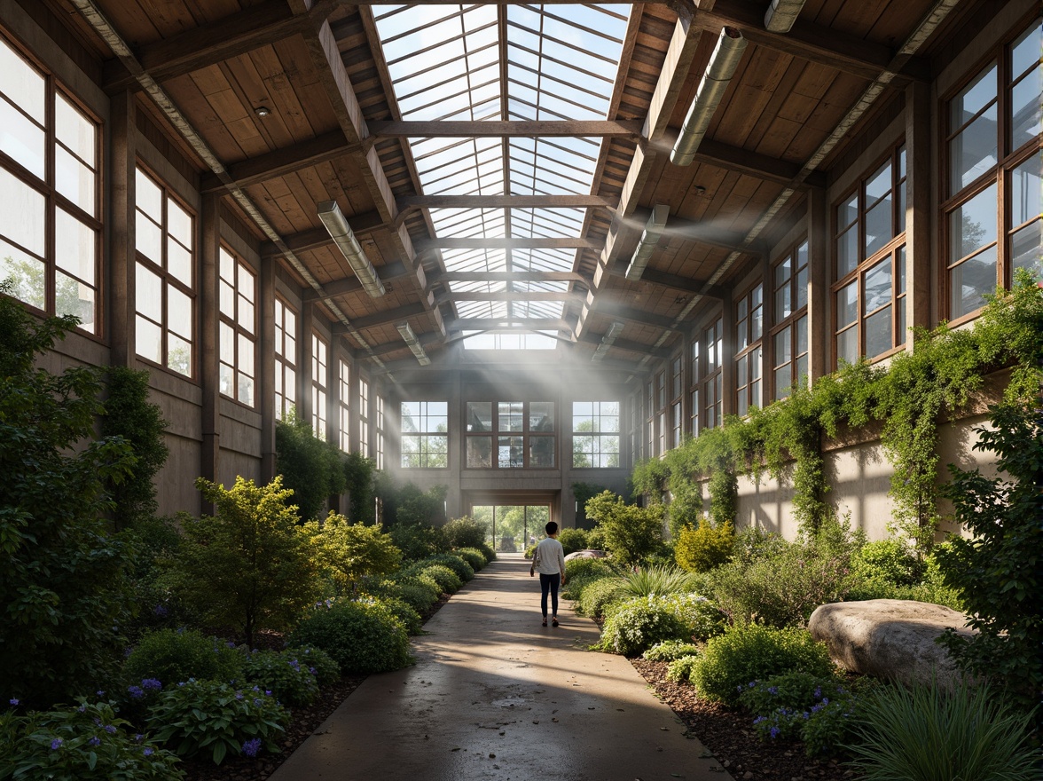 Prompt: Industrial factory, organic architecture, natural lighting, clerestory windows, skylights, exposed ductwork, reclaimed wood accents, metal beams, earthy tones, green walls, living roofs, lush vegetation, misty atmosphere, soft diffused light, warm color palette, shallow depth of field, 1/1 composition, realistic textures, ambient occlusion.