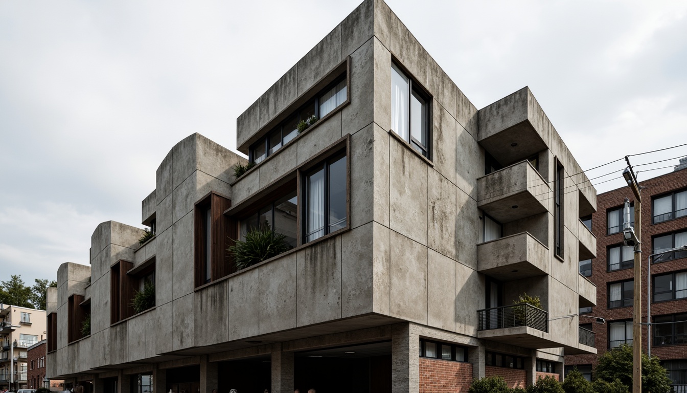 Prompt: Rugged brutalist building, raw concrete textures, exposed ductwork, industrial materials, steel beams, wooden accents, natural stone walls, fortress-like structure, dramatic cantilevered roofs, bold geometric forms, minimalist ornamentation, functional simplicity, urban cityscape, overcast sky, high-contrast lighting, deep shadows, 1/1 composition, symmetrical framing, gritty realistic textures, ambient occlusion.