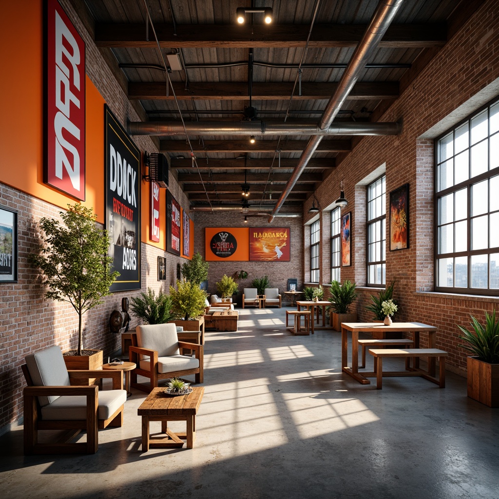 Prompt: Industrial warehouse interior, exposed brick walls, metal beams, polished concrete floors, vibrant color accents, bold typography, eclectic art pieces, reclaimed wood furniture, modern lighting fixtures, urban loft atmosphere, natural light pouring in, soft warm glow, shallow depth of field, 1/1 composition, realistic textures, ambient occlusion.