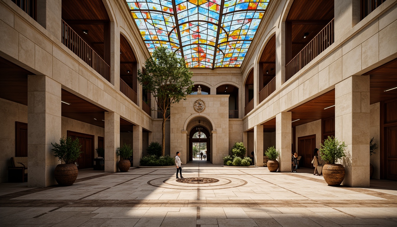 Prompt: Grand courthouse entrance, ornate columns, rusticated stone walls, polished marble floors, rich wood paneling, intricate metalwork, vibrant stained glass ceilings, dramatic atrium spaces, sweeping curved lines, eclectic mix of materials, bold color schemes, playful use of textures, contextual references to historical styles, juxtaposition of modern and traditional elements, warm natural lighting, subtle shadows, 1/1 composition, symmetrical framing, realistic renderings, ambient occlusion.