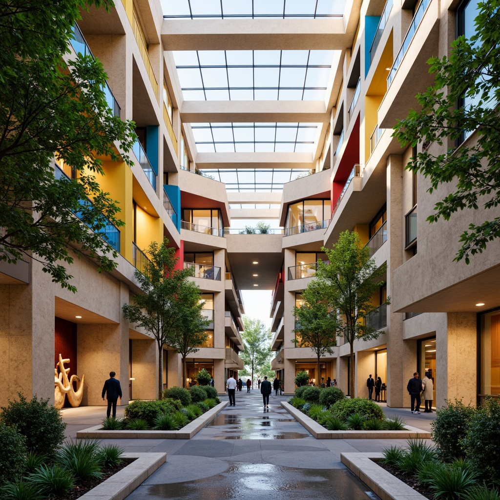 Prompt: Grand courthouse building, postmodern architecture, asymmetrical facade, irregular shapes, vibrant color scheme, abstract sculptures, lush greenery, mature trees, natural stone walls, water features, fountain show, pedestrian walkways, accessible ramps, grand staircase, high ceilings, open atrium, clerestory windows, soft warm lighting, shallow depth of field, 3/4 composition, panoramic view, realistic textures, ambient occlusion.