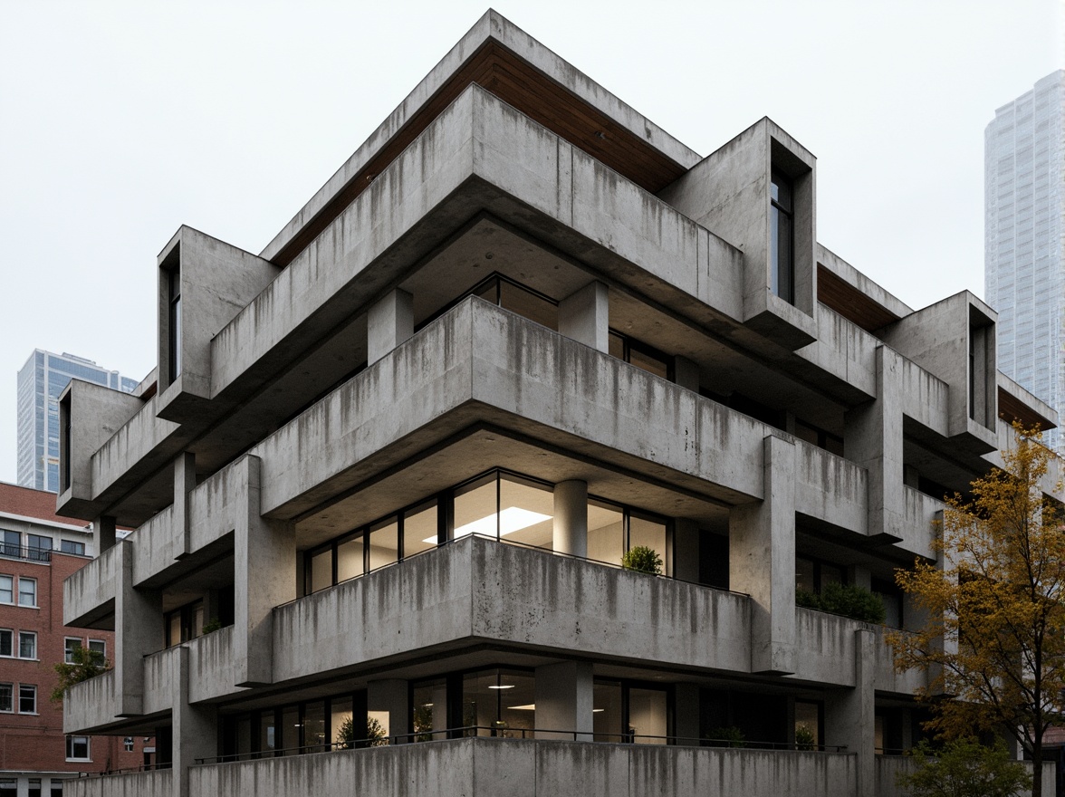 Prompt: Rugged brutalist building, raw concrete textures, exposed ductwork, industrial materials, steel beams, wooden accents, natural stone walls, fortress-like structure, dramatic cantilevered roofs, bold geometric forms, minimalist ornamentation, functional simplicity, urban cityscape, overcast sky, high-contrast lighting, deep shadows, 1/1 composition, symmetrical framing, gritty realistic textures, ambient occlusion.