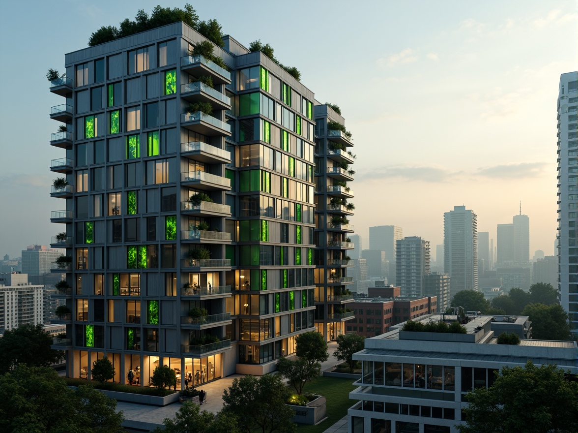 Prompt: Futuristic apartment building, sleek metallic facade, neon-lit balconies, holographic advertisements, vertical green walls, LED strip lighting, angular lines, minimalist design, reflective glass surfaces, cantilevered structures, rooftop gardens, urban skyline views, misty morning atmosphere, soft warm glow, shallow depth of field, 1/1 composition, panoramic view, realistic textures, ambient occlusion.