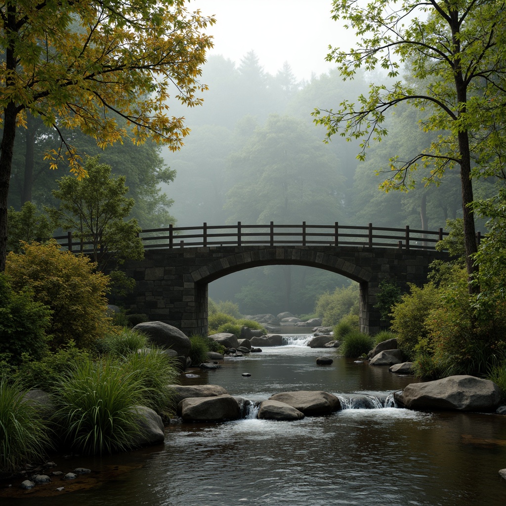 Prompt: Curved bridge silhouette, harmonious riverbank integration, lush green vegetation, natural stone foundations, wooden railings, gentle water flow, serene forest surroundings, misty morning atmosphere, soft warm lighting, shallow depth of field, 3/4 composition, panoramic view, realistic textures, ambient occlusion.