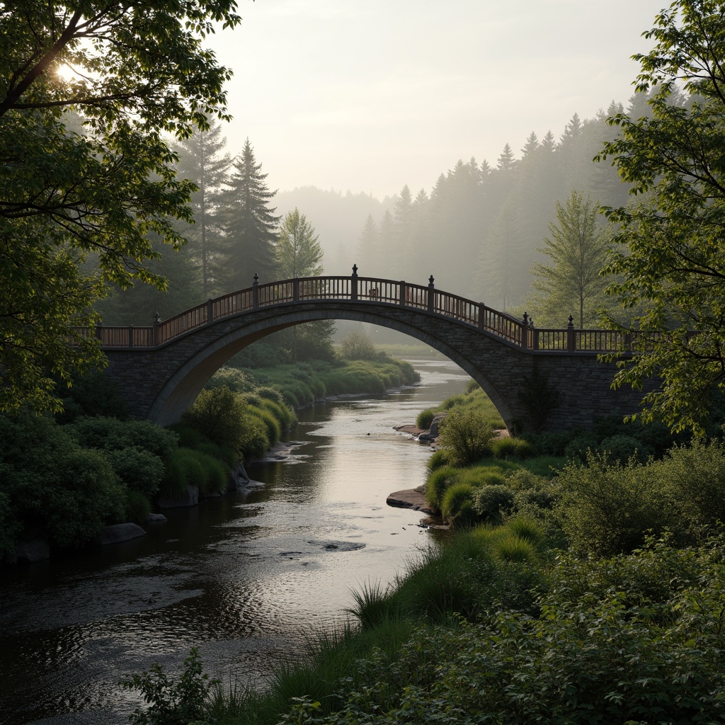 Prompt: Curved bridge silhouette, harmonious riverbank integration, lush green vegetation, natural stone foundations, wooden railings, gentle water flow, serene forest surroundings, misty morning atmosphere, soft warm lighting, shallow depth of field, 3/4 composition, panoramic view, realistic textures, ambient occlusion.