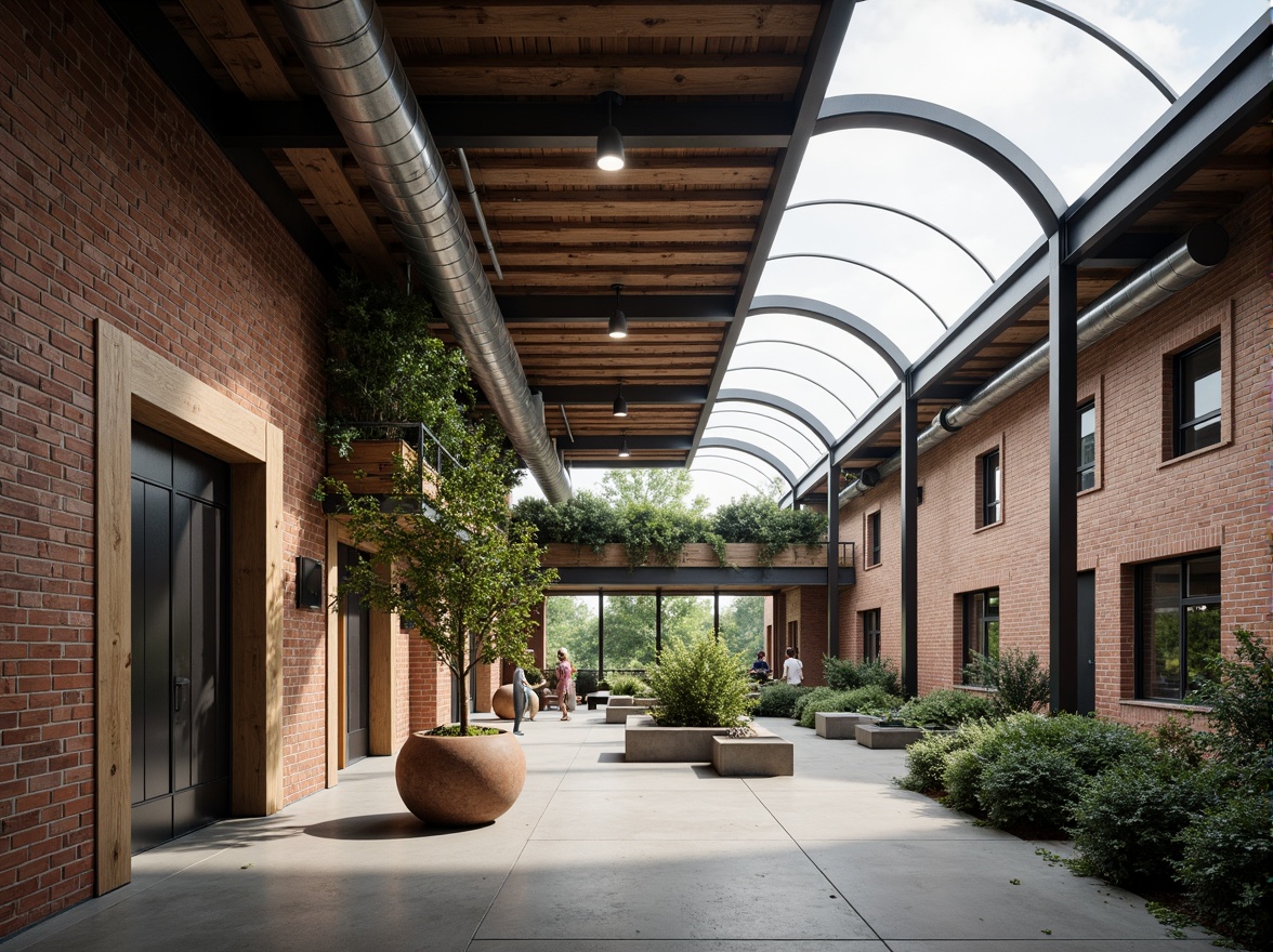 Prompt: Exposed brick walls, metal beams, industrial pipes, reclaimed wood accents, organic curves, green roofs, living walls, natural ventilation systems, large skylights, clerestory windows, rustic metal doors, concrete floors, minimalist decor, functional lighting fixtures, urban landscape views, cloudy day, soft diffused light, shallow depth of field, 1/1 composition, realistic textures, ambient occlusion.