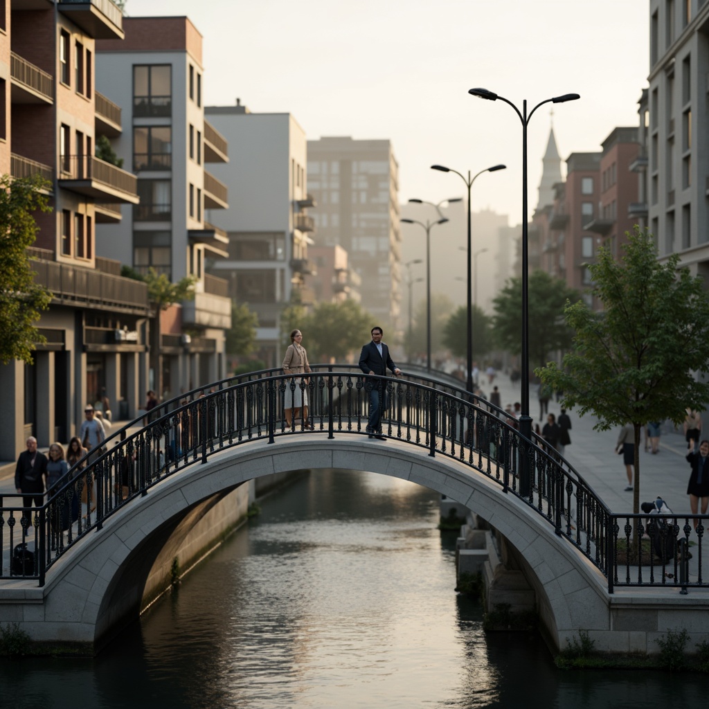 Prompt: Elegant bridge balustrades, ornate metal railings, curved stone arches, refined urban landscape, serene water reflections, misty morning atmosphere, soft warm lighting, shallow depth of field, 1/2 composition, symmetrical view, realistic textures, ambient occlusion, intricate stonework, subtle color palette, luxurious materials, sophisticated architectural details.