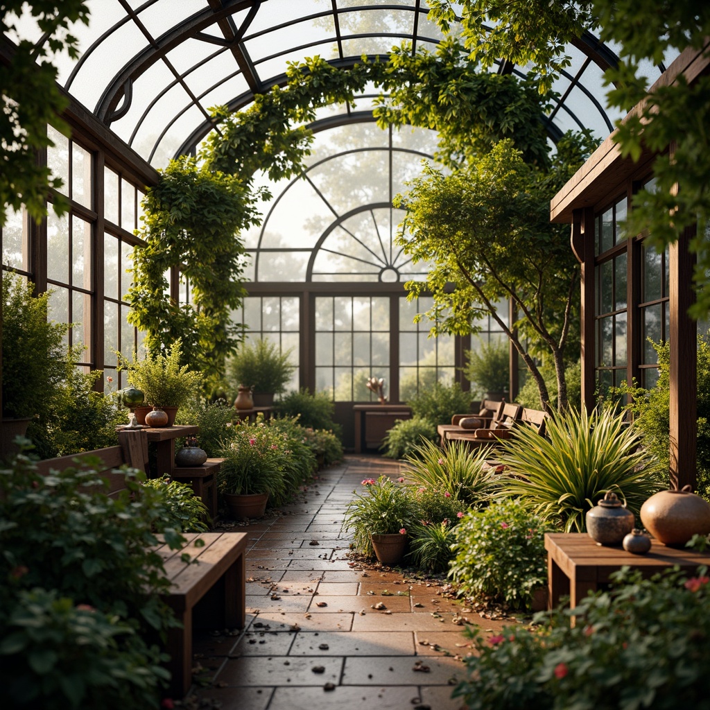 Prompt: Lush greenhouse interior, romantic ambiance, soft natural light, misty atmosphere, exotic plants, vibrant flowers, delicate vines, rustic wooden benches, ornate metal trellises, curved glass roofs, intricate stone pathways, serene water features, gentle fountain sounds, warm earthy tones, lush greenery, whimsical garden ornaments, distressed wood accents, vintage gardening tools, soft focus, shallow depth of field, 1/1 composition, warm golden lighting.