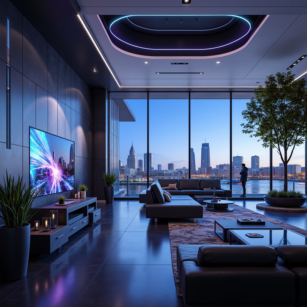 Prompt: Futuristic living room, sleek metallic walls, minimalist decor, ambient LED lighting, holographic projections, levitating furniture, curved glass surfaces, transparent floors, panoramic city views, automated smart home systems, voice-controlled interfaces, virtual reality entertainment zones, futuristic kitchen appliances, induction cooktops, touchless faucets, modular storage units, ergonomic seating areas, zero-gravity relaxation pods, atmospheric soundscapes, soft neon color schemes, 3/4 composition, shallow depth of field, realistic reflections.