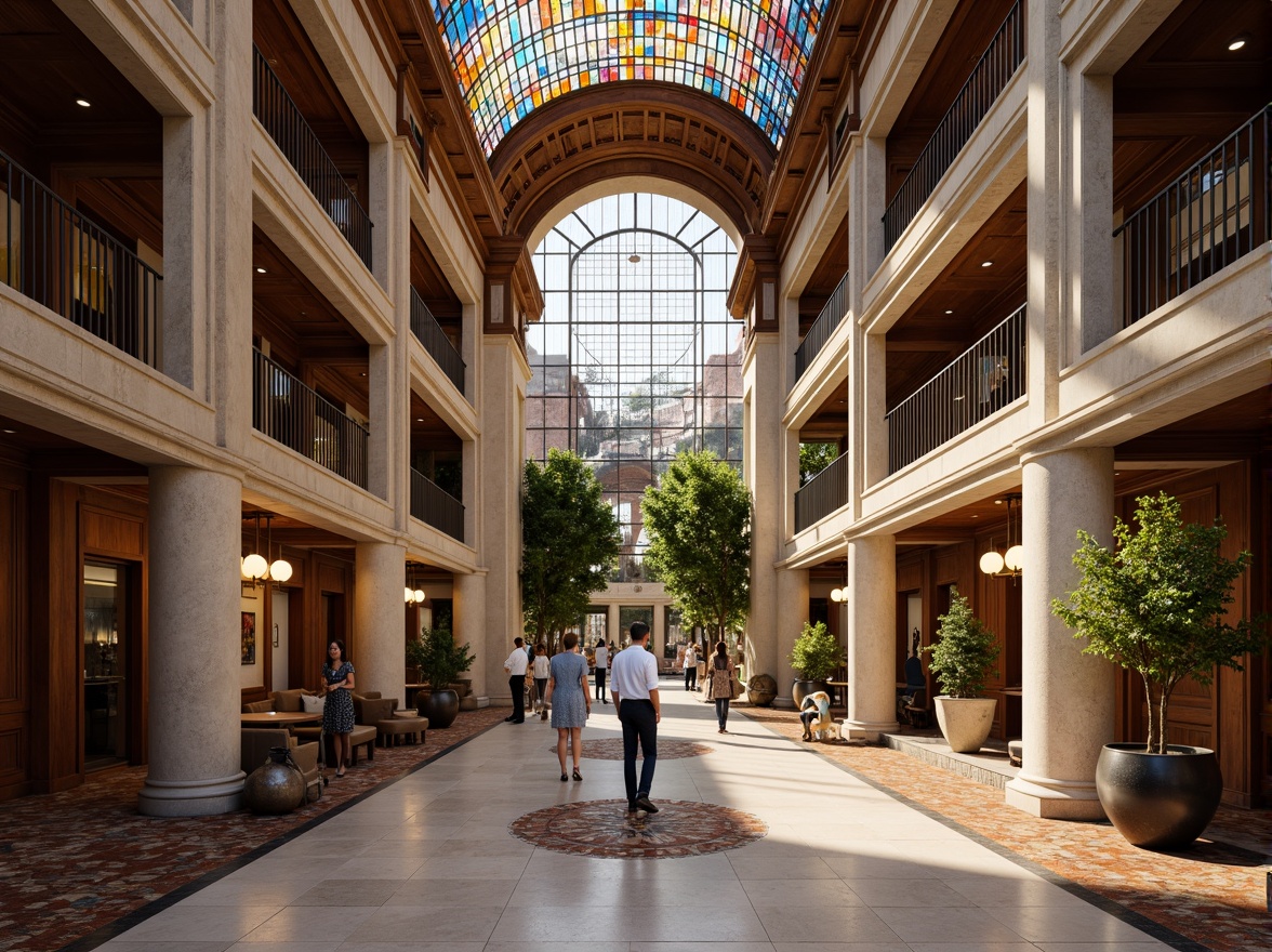 Prompt: Grand courthouse entrance, ornate columns, rusticated stone walls, polished marble floors, rich wood paneling, intricate metalwork, vibrant stained glass ceilings, dramatic atrium spaces, sweeping curved lines, eclectic mix of materials, bold color schemes, playful use of textures, contextual references to historical styles, juxtaposition of modern and traditional elements, warm natural lighting, subtle shadows, 1/1 composition, symmetrical framing, realistic renderings, ambient occlusion.