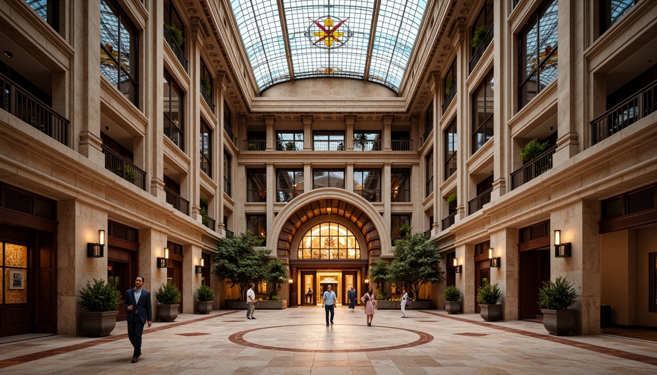 Prompt: Grand courthouse entrance, ornate columns, rusticated stone walls, polished marble floors, rich wood paneling, intricate metalwork, vibrant stained glass ceilings, dramatic atrium spaces, sweeping curved lines, eclectic mix of materials, bold color schemes, playful use of textures, contextual references to historical styles, juxtaposition of modern and traditional elements, warm natural lighting, subtle shadows, 1/1 composition, symmetrical framing, realistic renderings, ambient occlusion.