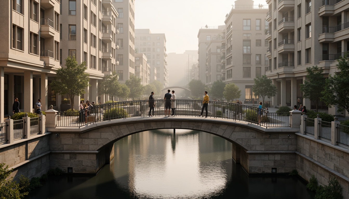 Prompt: Elegant bridge balustrades, ornate metal railings, curved stone arches, refined urban landscape, serene water reflections, misty morning atmosphere, soft warm lighting, shallow depth of field, 1/2 composition, symmetrical view, realistic textures, ambient occlusion, intricate stonework, subtle color palette, luxurious materials, sophisticated architectural details.