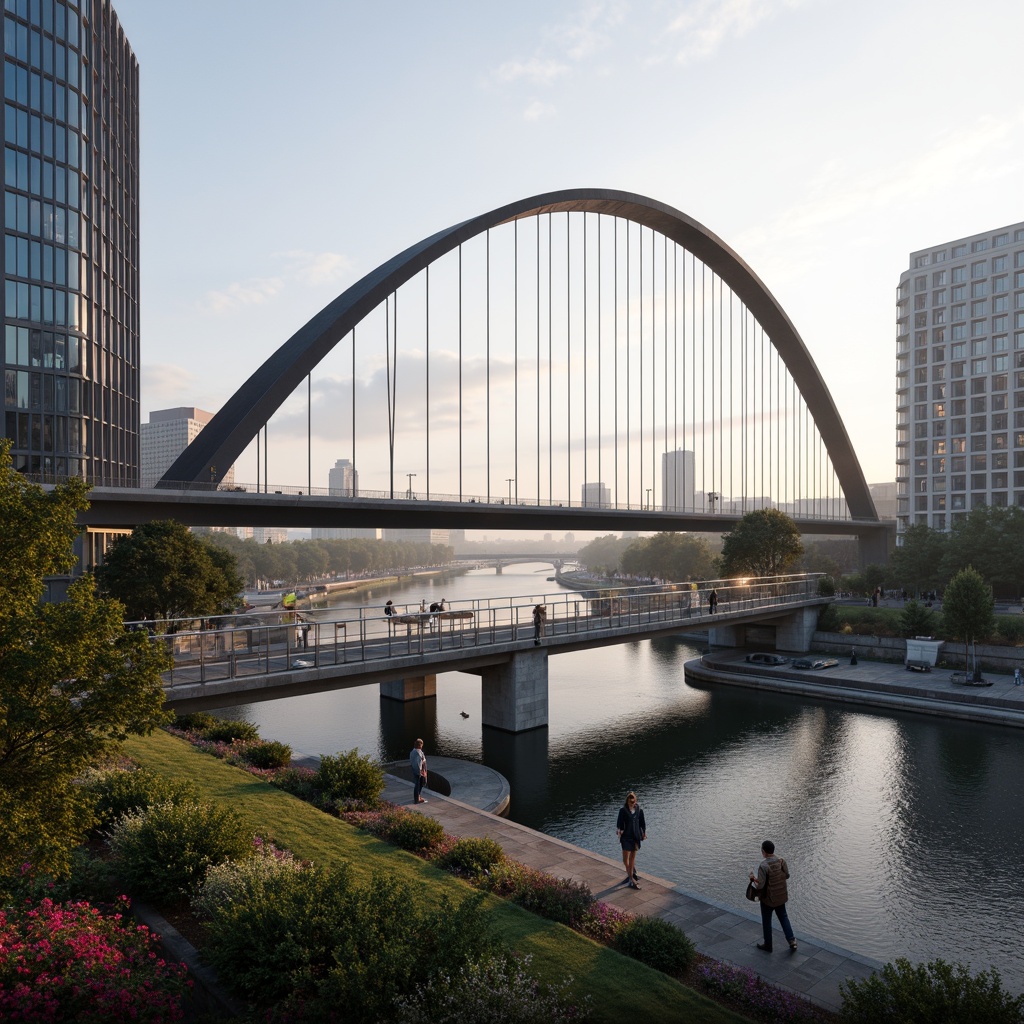 Prompt: Curved bridge silhouette, sweeping arches, dynamic steel cables, suspended pedestrian walkways, cantilevered observation decks, futuristic LED lighting, iridescent glass railings, undulating water features, lush greenery, vibrant flowers, natural stone piers, modern urban landscape, misty morning atmosphere, soft warm lighting, shallow depth of field, 3/4 composition, panoramic view, realistic textures, ambient occlusion.