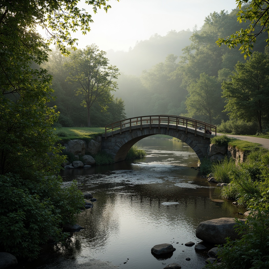 Prompt: Curved bridge silhouette, harmonious riverbank integration, lush green vegetation, natural stone foundations, wooden railings, gentle water flow, serene forest surroundings, misty morning atmosphere, soft warm lighting, shallow depth of field, 3/4 composition, panoramic view, realistic textures, ambient occlusion.