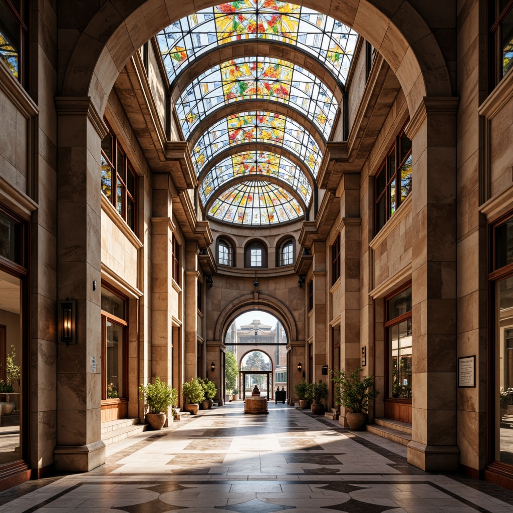 Prompt: Grand courthouse entrance, ornate columns, rusticated stone walls, polished marble floors, rich wood paneling, intricate metalwork, vibrant stained glass ceilings, dramatic atrium spaces, sweeping curved lines, eclectic mix of materials, bold color schemes, playful use of textures, contextual references to historical styles, juxtaposition of modern and traditional elements, warm natural lighting, subtle shadows, 1/1 composition, symmetrical framing, realistic renderings, ambient occlusion.