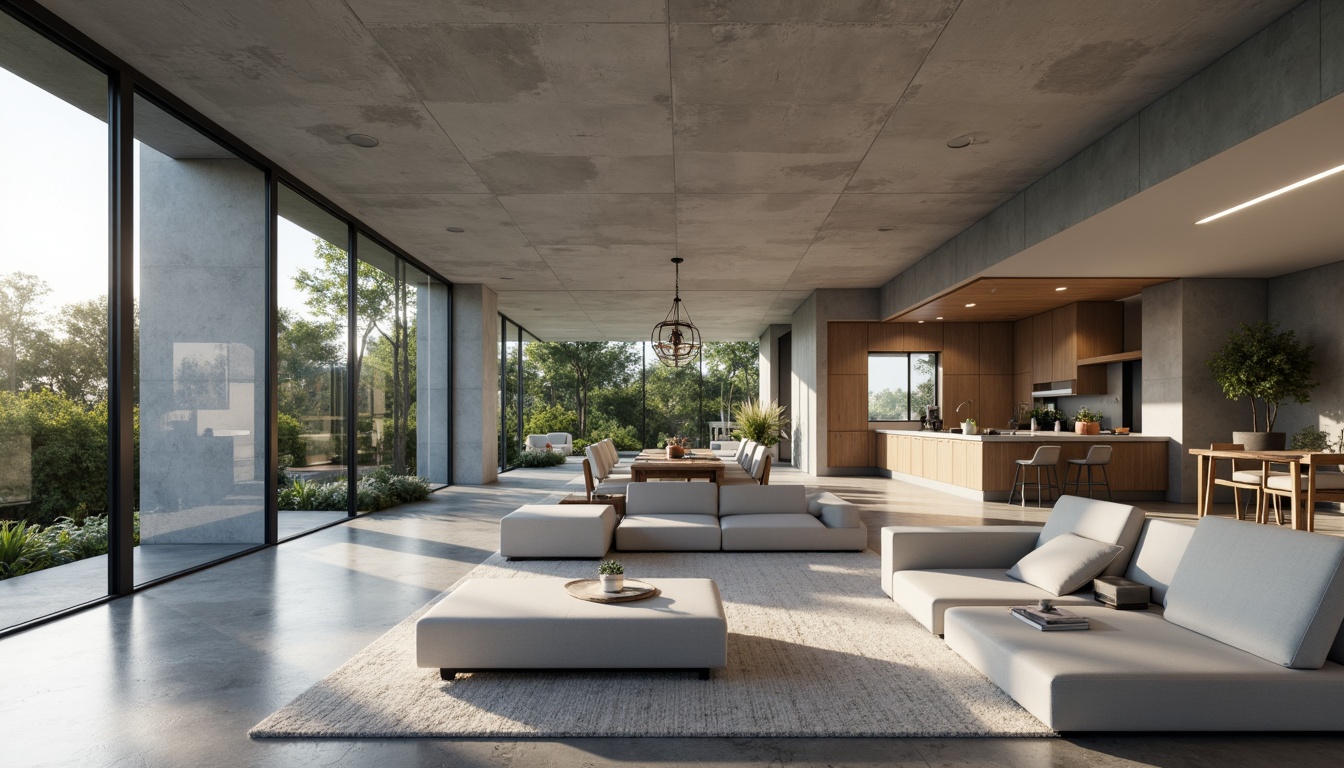 Prompt: Minimalist interior, open-plan living space, sleek lines, monochromatic color scheme, polished concrete floors, floor-to-ceiling windows, sliding glass doors, modular furniture, geometric shapes, hidden storage compartments, ambient lighting, soft shadows, 1/1 composition, shallow depth of field, realistic textures, subtle reflections.