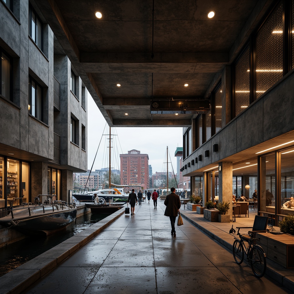 Prompt: Rustic waterfront, industrial heritage, brutalist boathouse, raw concrete walls, weathered wooden docks, nautical ropes, vintage sailing boats, urban regeneration, revitalized harbor, modern amenities, sleek glass facades, minimalist interiors, exposed ductwork, polished metal accents, reclaimed wood furniture, moody atmospheric lighting, dramatic shadows, 1/1 composition, low-angle shot, cinematic mood, gritty textures, ambient occlusion.