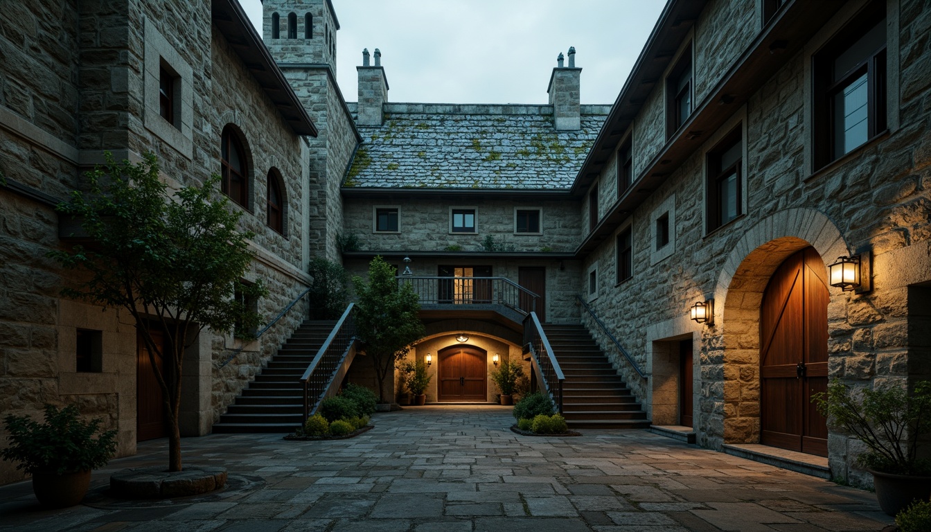 Prompt: Ancient watchtower, rugged stone walls, worn wooden doors, narrow windows, crumbling battlements, weathered roof tiles, moss-covered stones, mysterious lanterns, winding staircases, ornate ironwork, Gothic arches, grand entrance halls, dramatic lighting, misty atmosphere, low-angle shot, cinematic composition, detailed textures, ambient occlusion.