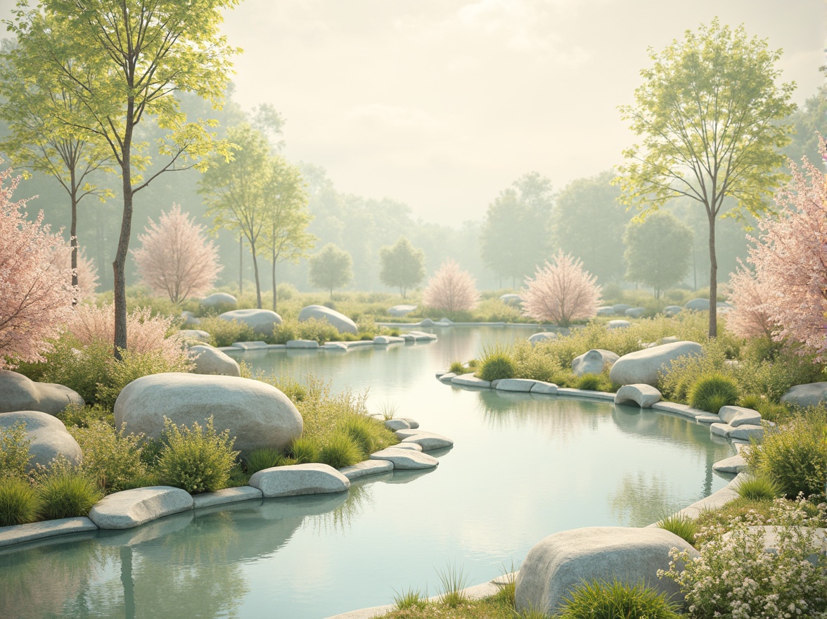 Prompt: Soft pastel hues, calming atmosphere, serene natural surroundings, gentle water features, lush greenery, vibrant flowers, warm beige tones, creamy whites, soft peach accents, subtle golden highlights, delicate lace patterns, intricate botanical illustrations, whimsical hand-drawn elements, dreamy ethereal lighting, shallow depth of field, 1/1 composition, realistic textures, ambient occlusion.