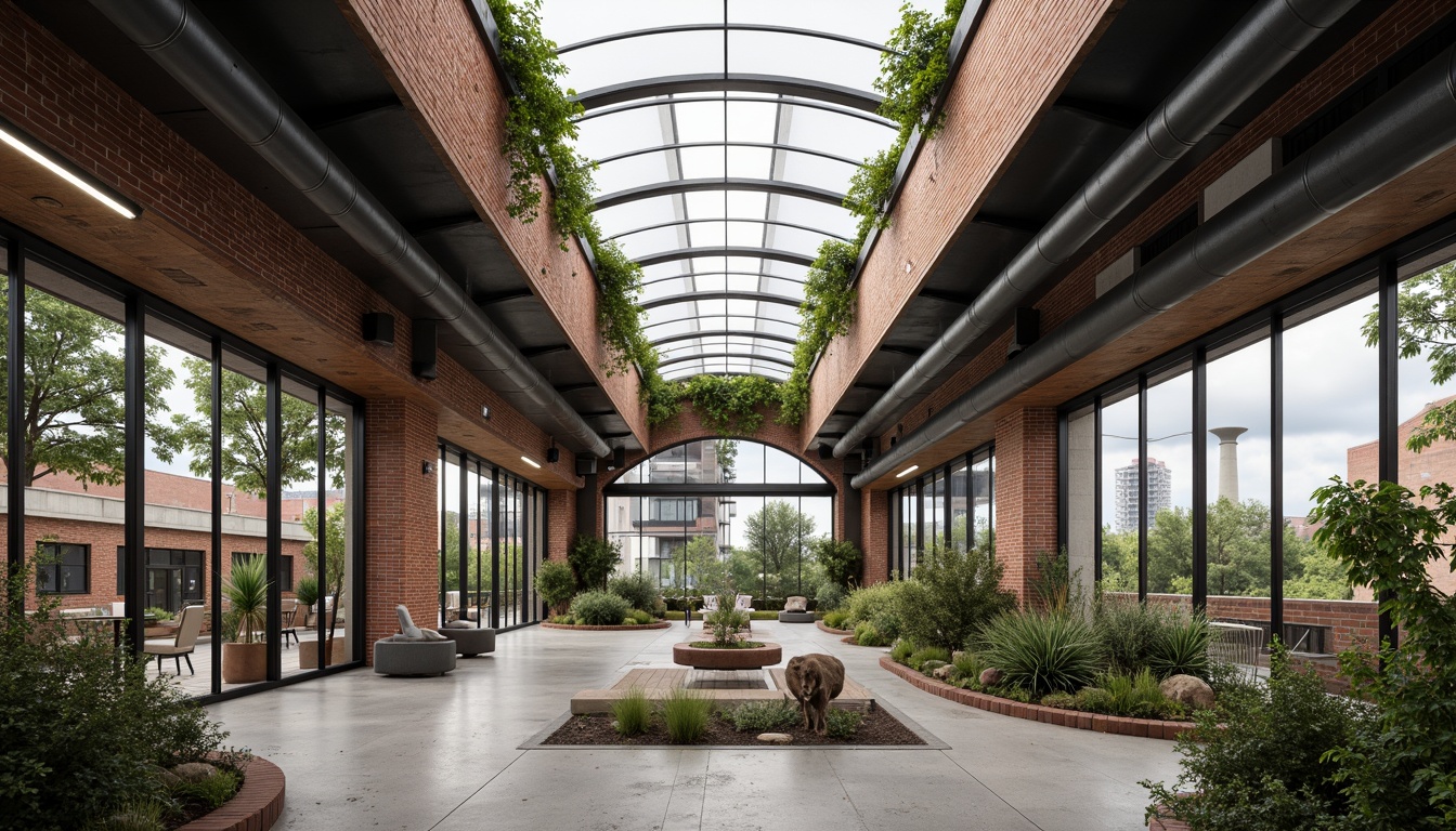 Prompt: Exposed brick walls, metal beams, industrial pipes, reclaimed wood accents, organic curves, green roofs, living walls, natural ventilation systems, large skylights, clerestory windows, rustic metal doors, concrete floors, minimalist decor, functional lighting fixtures, urban landscape views, cloudy day, soft diffused light, shallow depth of field, 1/1 composition, realistic textures, ambient occlusion.