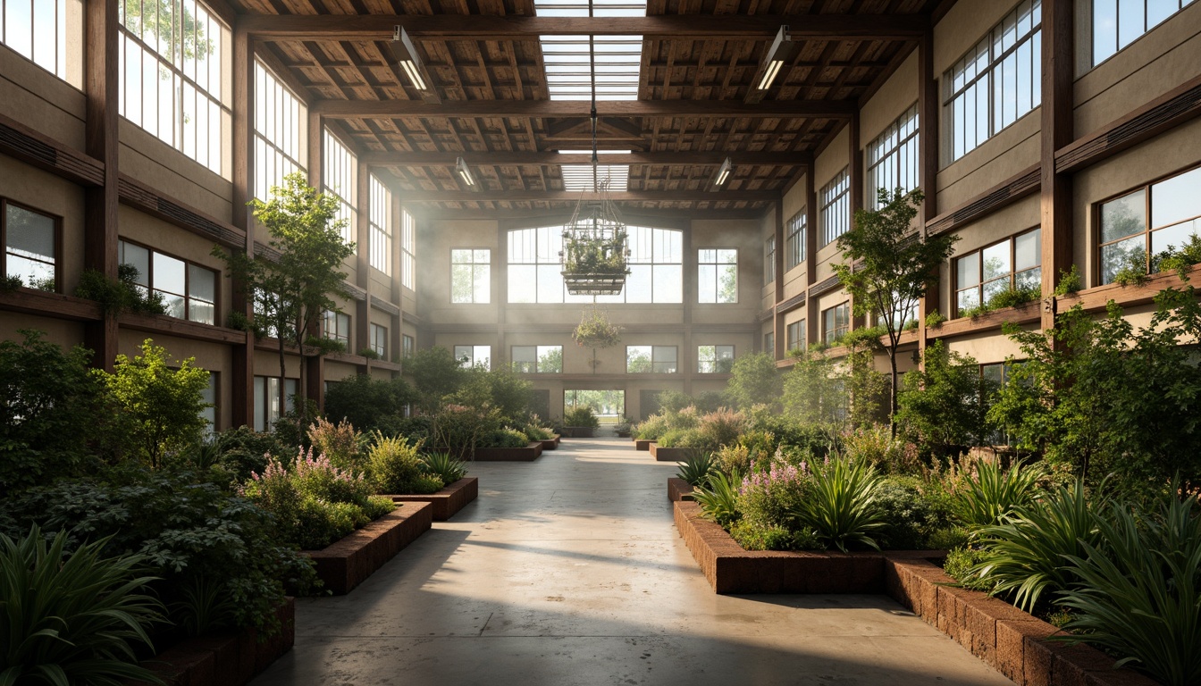 Prompt: Industrial factory, organic architecture, natural lighting, clerestory windows, skylights, exposed ductwork, reclaimed wood accents, metal beams, earthy tones, green walls, living roofs, lush vegetation, misty atmosphere, soft diffused light, warm color palette, shallow depth of field, 1/1 composition, realistic textures, ambient occlusion.