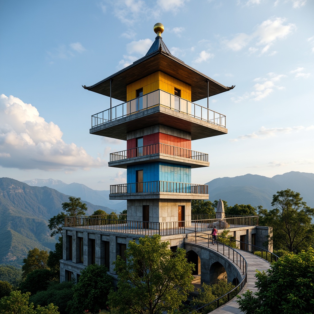 Prompt: Vibrant watching tower, bold color blocking, contrasting hues, warm golden accents, cool blue undertones, harmonious palette, geometric patterns, intricate stonework, ornate metal details, grandiose architecture, majestic landscape, rolling hills, serene atmosphere, soft natural lighting, 1/1 composition, symmetrical framing, realistic textures, ambient occlusion.