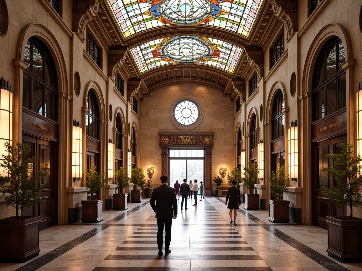 Prompt: Grand courthouse entrance, ornate columns, rusticated stone walls, polished marble floors, rich wood paneling, intricate metalwork, vibrant stained glass ceilings, dramatic atrium spaces, sweeping curved lines, eclectic mix of materials, bold color schemes, playful use of textures, contextual references to historical styles, juxtaposition of modern and traditional elements, warm natural lighting, subtle shadows, 1/1 composition, symmetrical framing, realistic renderings, ambient occlusion.