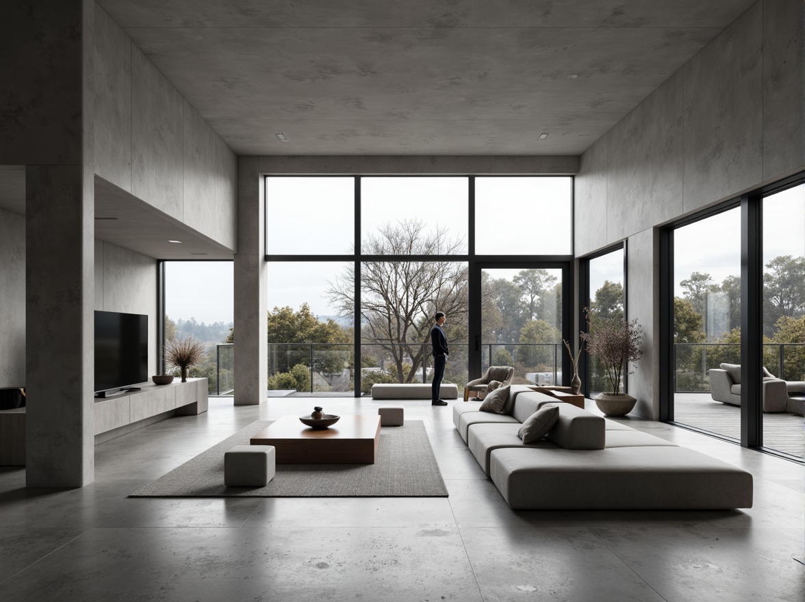 Prompt: Minimalist interior, open-plan living space, sleek lines, monochromatic color scheme, polished concrete floors, floor-to-ceiling windows, sliding glass doors, modular furniture, geometric shapes, hidden storage compartments, ambient lighting, soft shadows, 1/1 composition, shallow depth of field, realistic textures, subtle reflections.