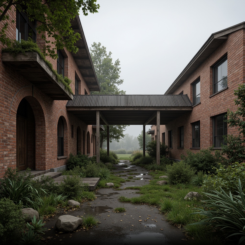 Prompt: Rustic industrial landscape, abandoned factories, overgrown vegetation, distressed brick walls, corrugated metal roofs, worn wooden beams, exposed ductwork, organic curves, natural stone foundations, reclaimed wood accents, earthy color palette, soft diffused lighting, atmospheric fog, shallow depth of field, 1/1 composition, cinematic view, realistic textures, ambient occlusion.