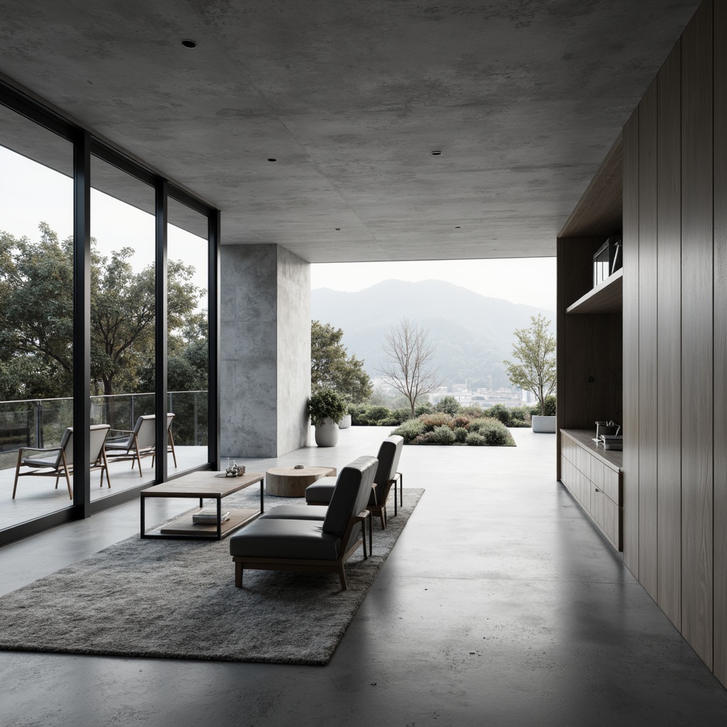 Prompt: Minimalist interior, open-plan living space, sleek lines, monochromatic color scheme, polished concrete floors, floor-to-ceiling windows, sliding glass doors, modular furniture, geometric shapes, hidden storage compartments, ambient lighting, soft shadows, 1/1 composition, shallow depth of field, realistic textures, subtle reflections.