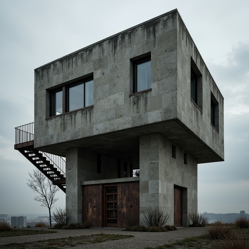 Prompt: Rugged watching tower, brutalist architecture, raw concrete textures, fortress-like structure, narrow windows, industrial metal doors, rusty steel beams, dramatic cantilevered floors, imposing verticality, harsh geometric forms, monolithic presence, overcast sky, moody atmospheric lighting, high contrast shadows, cinematic composition, symmetrical framing, gritty realistic rendering.