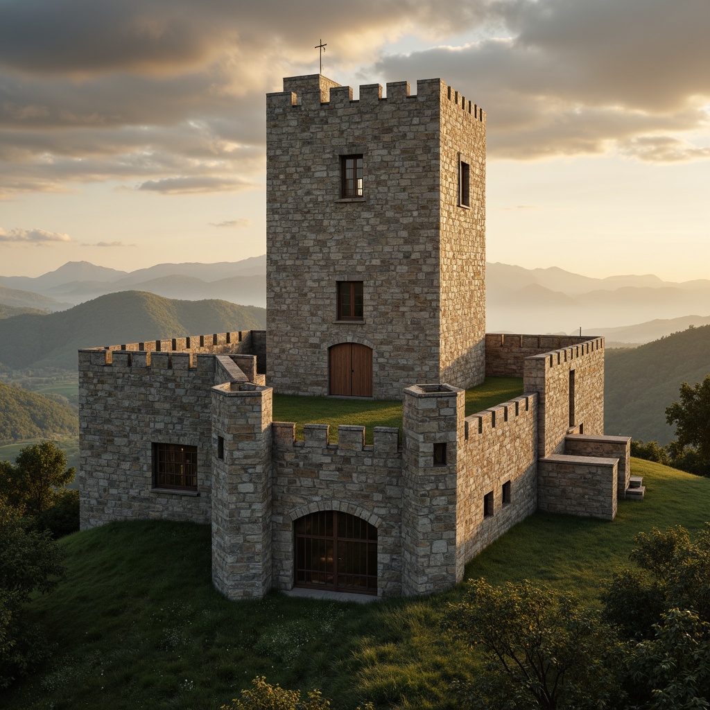 Prompt: Majestic watchtower, medieval stone walls, grandiose architecture, fortified battlements, narrow windows, rustic wooden doors, scenic hilltop location, rolling green hills, misty morning atmosphere, warm golden lighting, dramatic cloud formations, 1/1 composition, symmetrical framing, realistic stone textures, ambient occlusion.