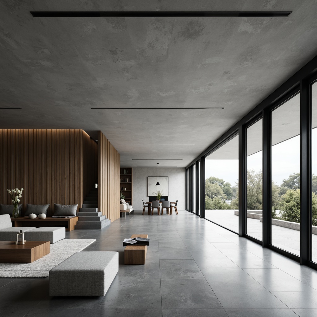 Prompt: Minimalist interior, open-plan living space, sleek lines, monochromatic color scheme, polished concrete floors, floor-to-ceiling windows, sliding glass doors, modular furniture, geometric shapes, hidden storage compartments, ambient lighting, soft shadows, 1/1 composition, shallow depth of field, realistic textures, subtle reflections.