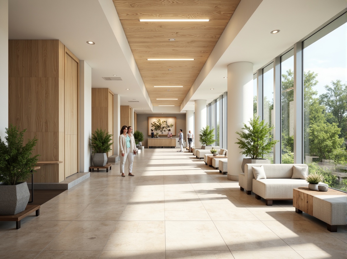 Prompt: Calming healthcare facility, soothing color scheme, gentle pastel hues, soft whites, creamy beiges, pale blues, muted greens, warm earth tones, natural wood accents, comfortable seating areas, peaceful ambiance, abundant natural light, subtle texture variations, organic patterns, serene atmosphere, shallow depth of field, 1/1 composition, realistic renderings, ambient occlusion.