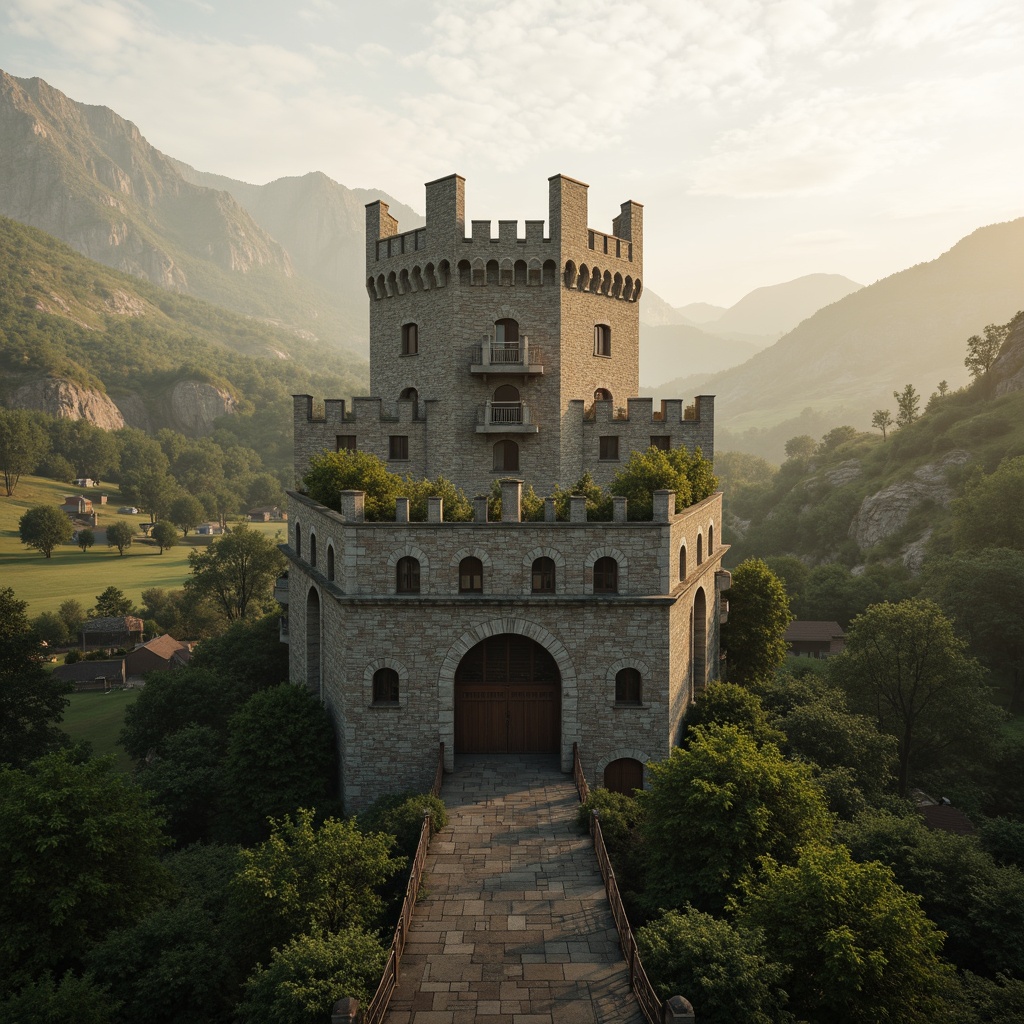 Prompt: Majestic watchtower, medieval-inspired architecture, stone walls, fortified battlements, grandiose entrance gates, intricate stonework patterns, lush greenery surroundings, misty morning atmosphere, warm golden lighting, shallow depth of field, 1/2 composition, cinematic view, realistic textures, ambient occlusion, rugged terrain, rolling hills, serene landscape.