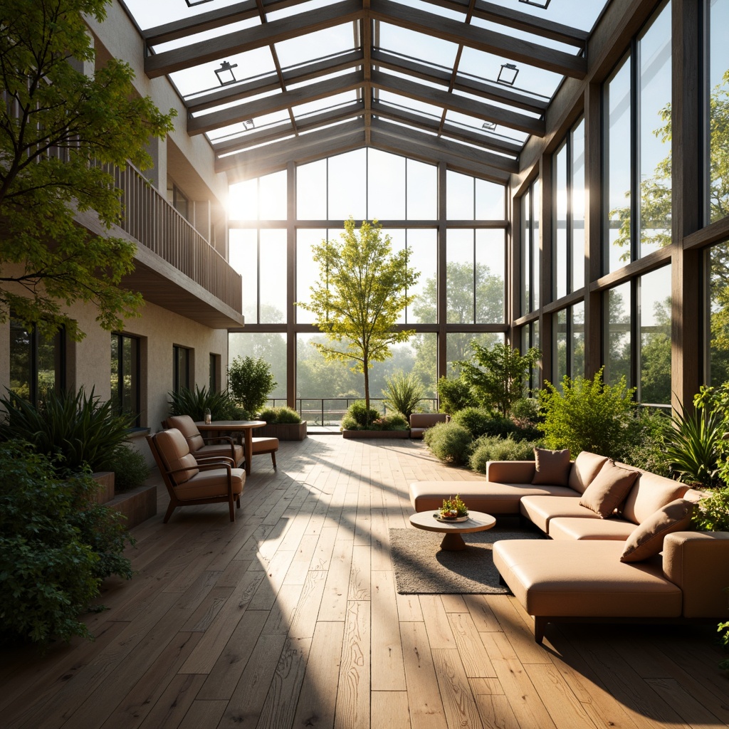 Prompt: Brightly lit interior, large windows, glass ceilings, natural light pouring in, warm sunbeams, soft shadows, cozy atmosphere, comfortable seating areas, lush greenery, potted plants, wooden floors, minimalist decor, calm ambiance, relaxing mood, gentle color palette, soft focus, shallow depth of field, 1/1 composition, realistic textures, ambient occlusion.