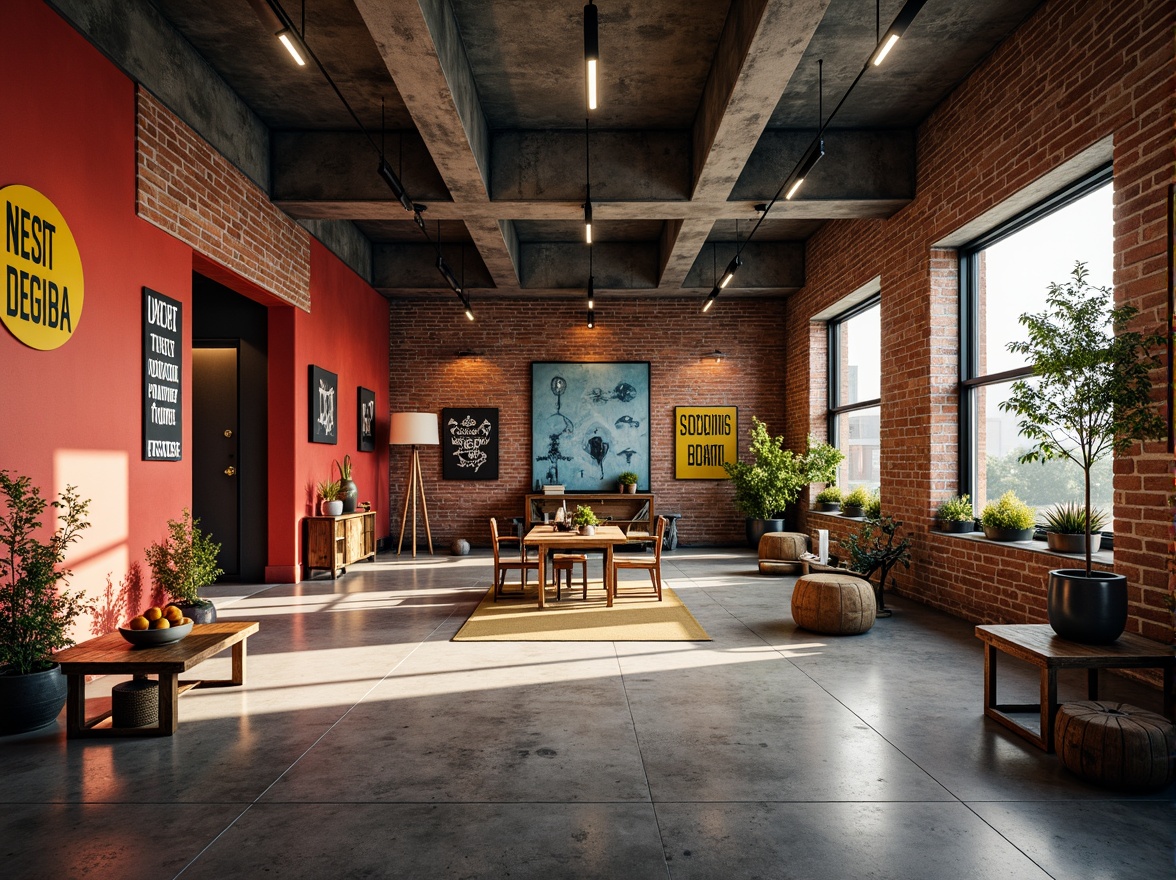 Prompt: Industrial warehouse interior, exposed brick walls, metal beams, polished concrete floors, vibrant color accents, bold typography, eclectic art pieces, reclaimed wood furniture, modern lighting fixtures, urban loft atmosphere, natural light pouring in, soft warm glow, shallow depth of field, 1/1 composition, realistic textures, ambient occlusion.