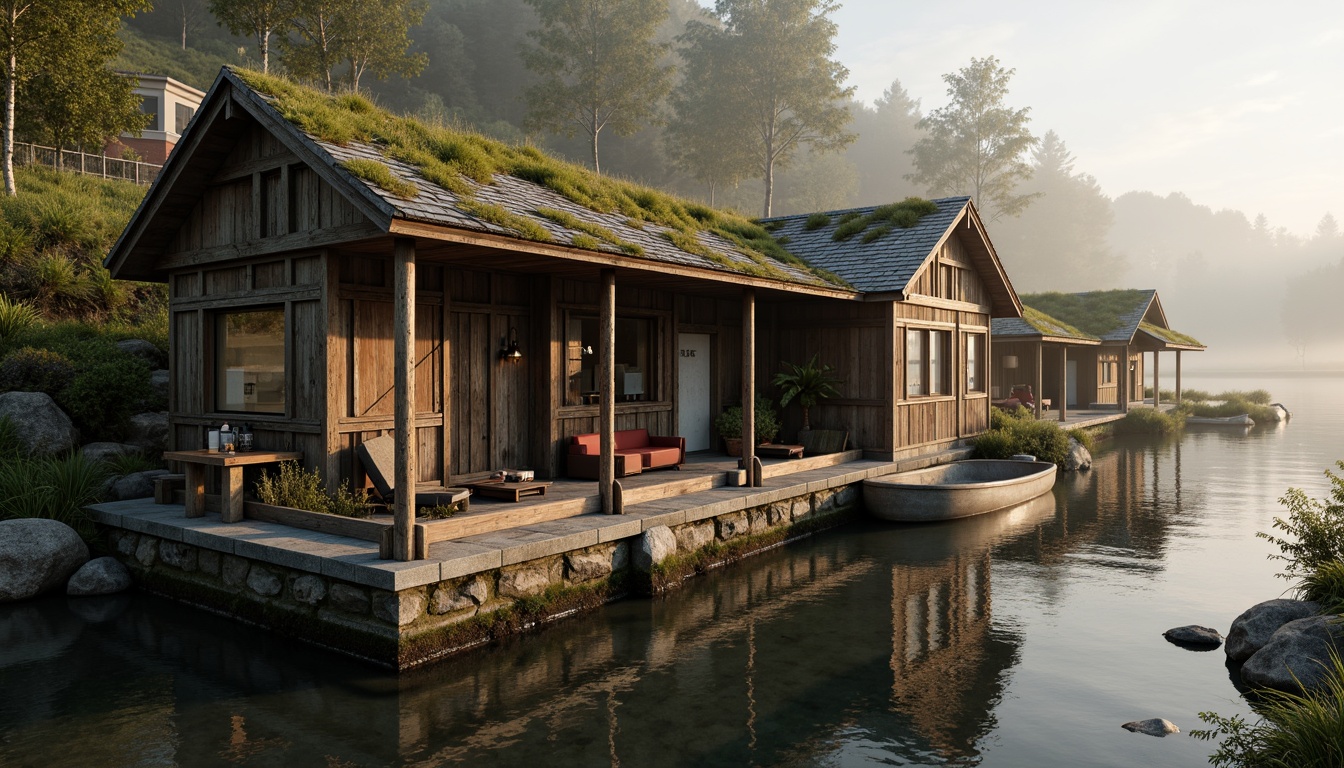 Prompt: Rustic boathouse, brutalist architecture, weathered wood accents, industrial metal beams, rough-hewn stone walls, earthy color palette, moss-green roofs, murky water reflections, foggy morning atmosphere, warm golden lighting, shallow depth of field, 1/2 composition, realistic textures, ambient occlusion.