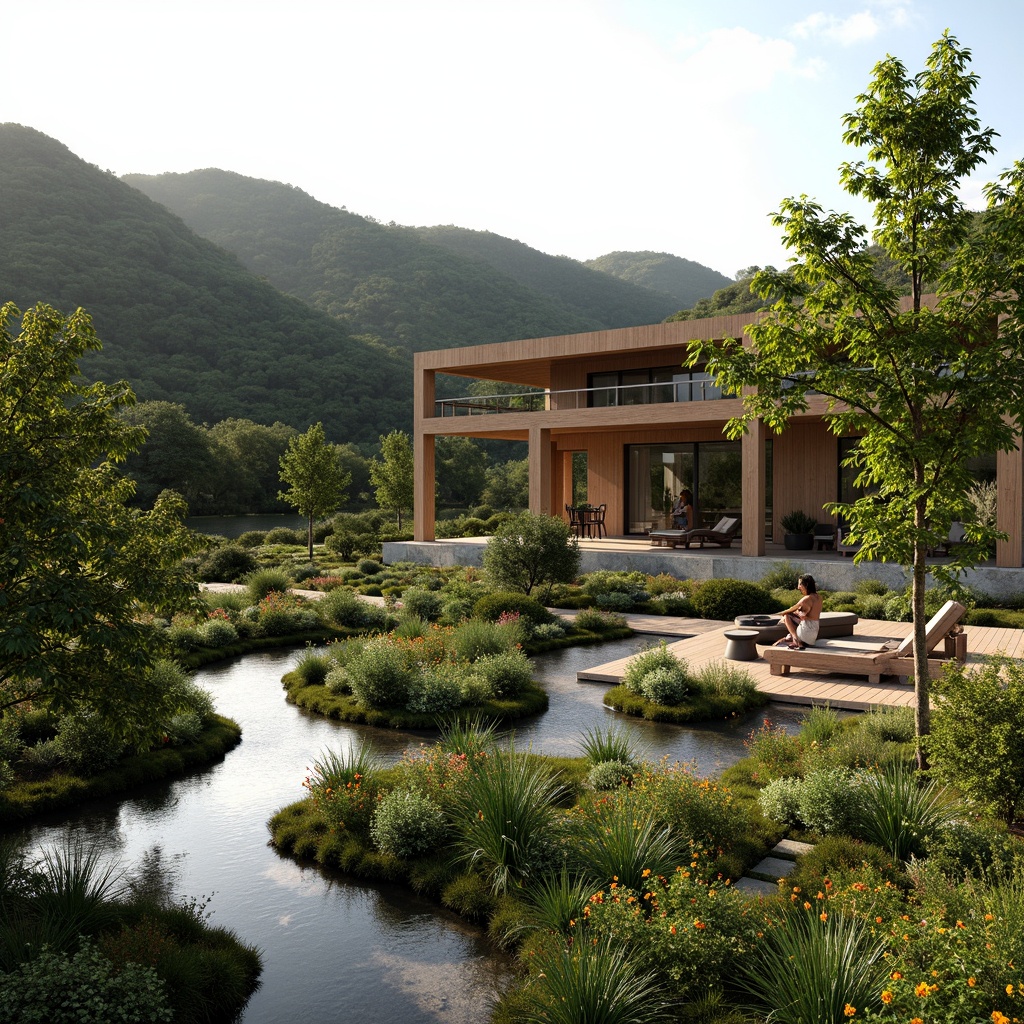 Prompt: Harmonious landscape integration, rolling hills, lush greenery, meandering pathways, natural stone walls, wooden decks, modern architecture, large windows, sliding glass doors, cantilevered roofs, outdoor living spaces, seamless transitions, organic forms, sustainable design, eco-friendly materials, native plant species, vibrant wildflowers, serene water features, shallow reflective pools, soft warm lighting, 3/4 composition, panoramic view, realistic textures, ambient occlusion.